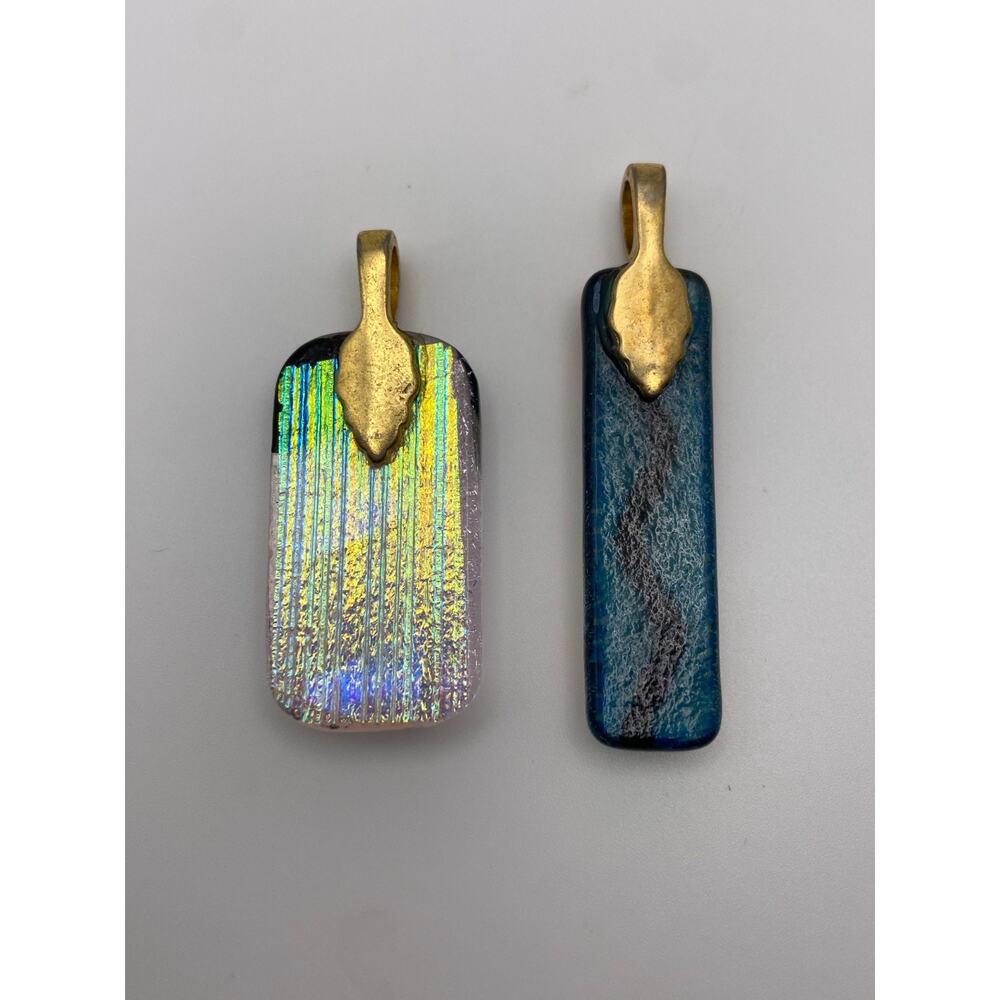 2 Dichroic Glass Pendants Orange Green Blues Craft Jewelry Making - Picture 3 of 4